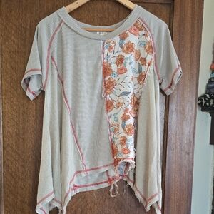 POL Dustressed Beige and Floral Patchwork Short Sleeve Top